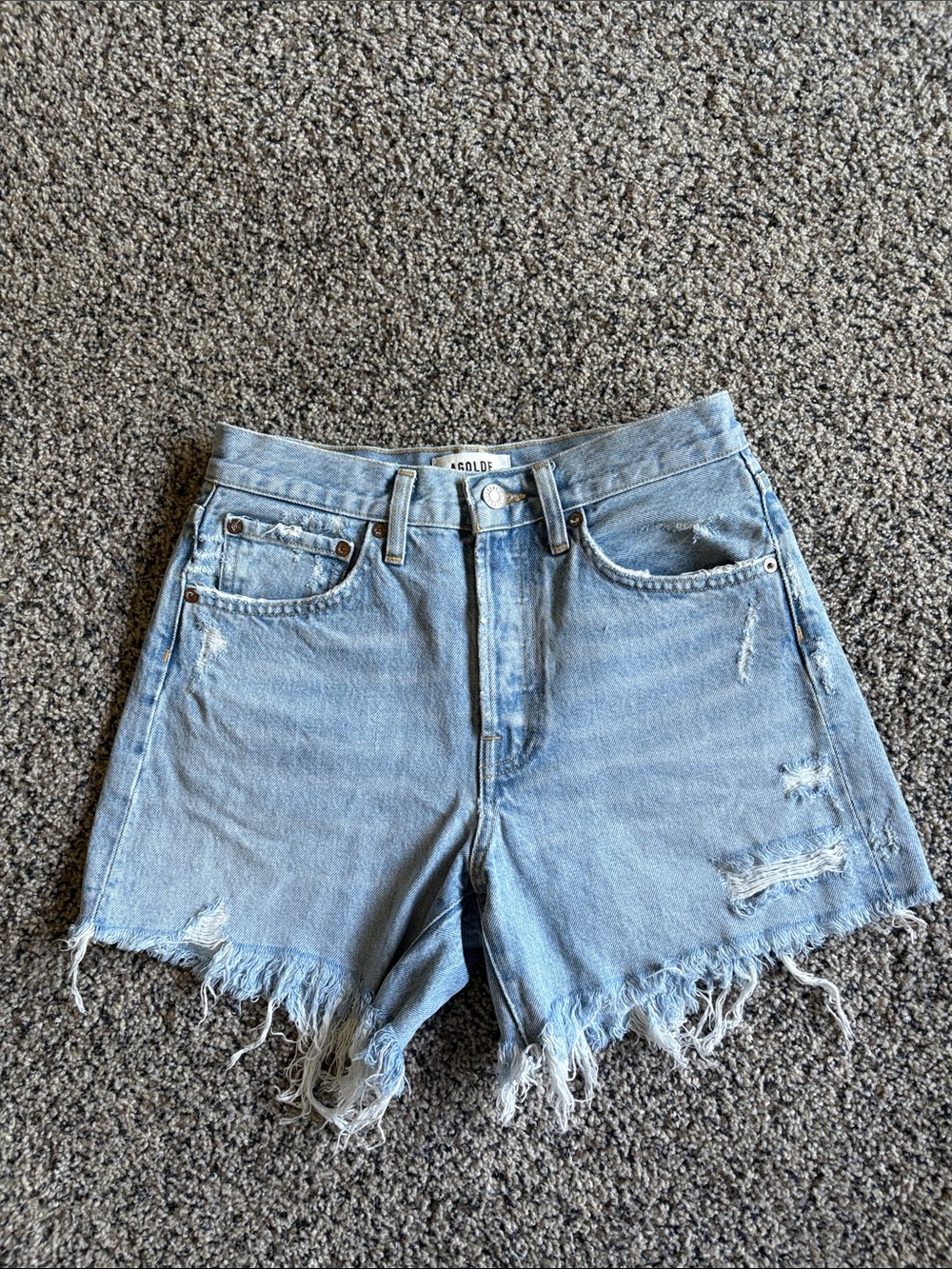 Agolde Parker Long Light Blue Distressed High-Rise Denim Shorts
